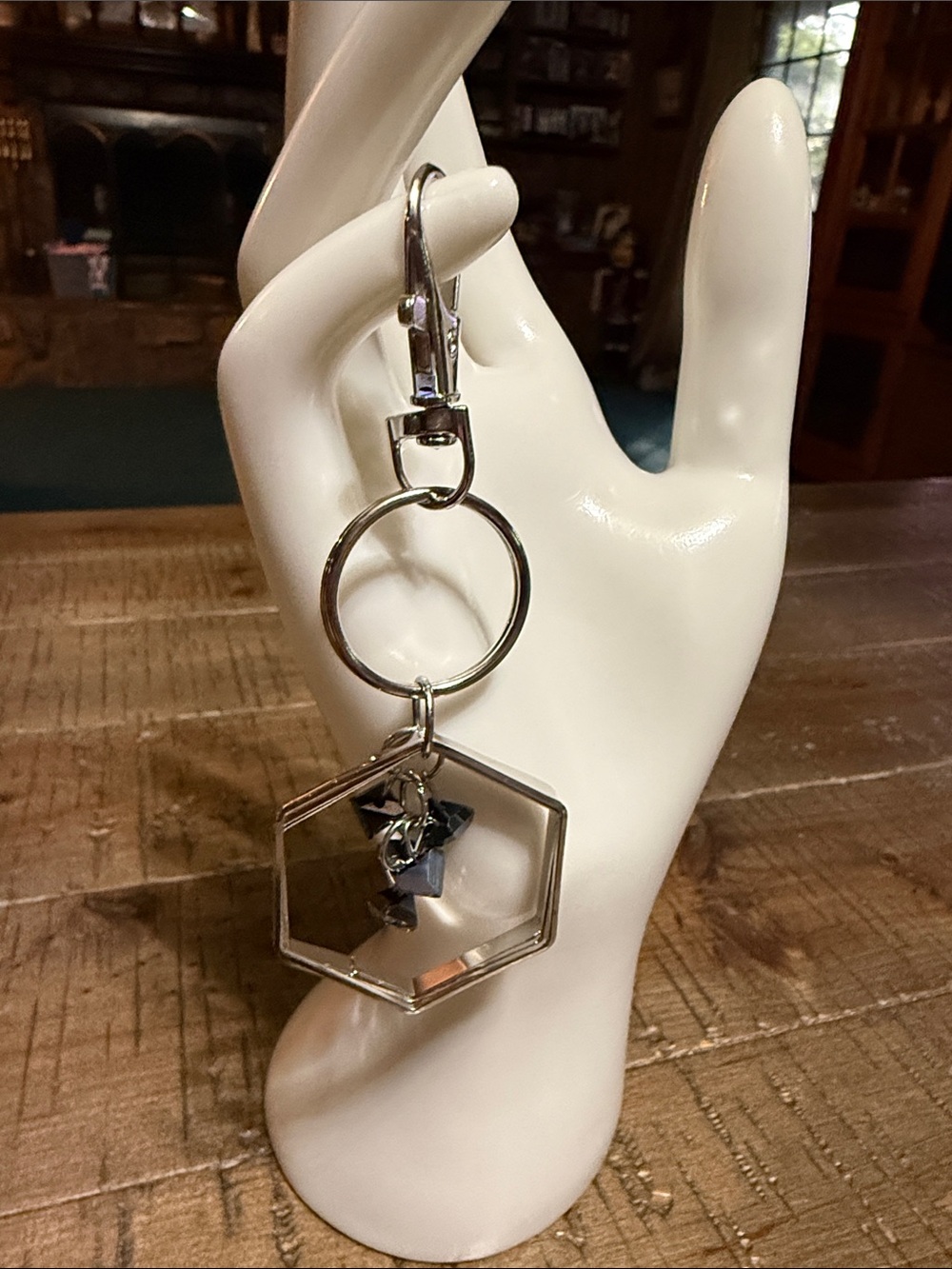 Silver Hexagon Keychain with Black Stone Charms